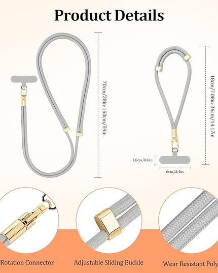 Dadanism Universal Phone Lanyard, Adjustable Cell Phone Lanyard*1, Wrist Strap*1, Tether Tabs*2, Crossbody/Neck/Wrist Strap for for iPhone & Most Smartphones, Silver Gray