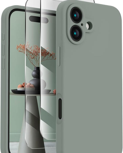 FireNova Designed for iPhone 16 Plus Case, Silicone Upgraded [Camera Protection] Case with [2 Screen Protectors], Soft Anti-Scratch Microfiber Lining Inside, 6.7 inch, Calke Green