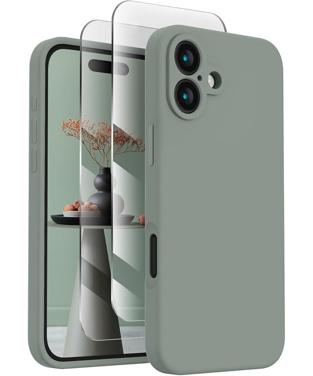 FireNova Designed for iPhone 16 Plus Case, Silicone Upgraded [Camera Protection] Case with [2 Screen Protectors], Soft Anti-Scratch Microfiber Lining Inside, 6.7 inch, Calke Green