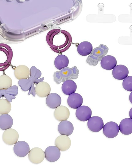 2 Pcs Phone Charm Wrist Strap with Tether Tab, Double Anti Lost Cute Beaded Wrist Lanyard, Detachable Transparent Phone Charms for Bag, Key Chains, Camera Decor