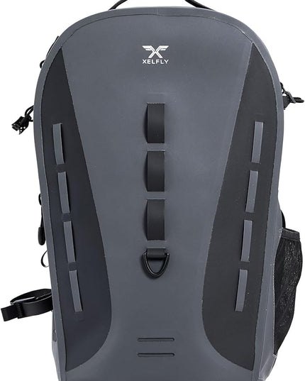 Xelfly Waterproof Fishing Backpack G2 with Rod Holder, Inflatable Air Valve, Padded Waist Straps & Gear Loops - Submersible Zipper, Rugged Top Handle, Adjustable Attachments (Gray)