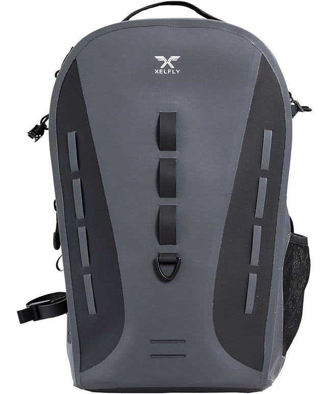 Xelfly Waterproof Fishing Backpack G2 with Rod Holder, Inflatable Air Valve, Padded Waist Straps & Gear Loops - Submersible Zipper, Rugged Top Handle, Adjustable Attachments (Gray)