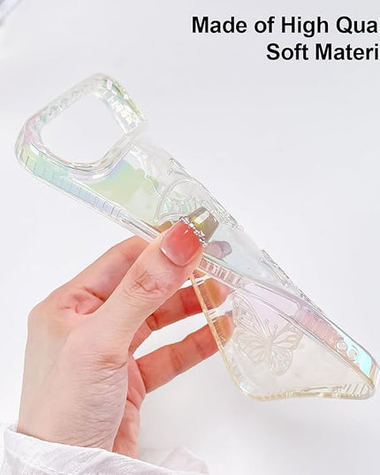 Cute Case for iPhone Air Case for Women Girls, with 3D Butterflies Pattern Design, Aesthetic Clear Iridescent Glitter Kawaii Girly Rainbow Protective Phone Cover