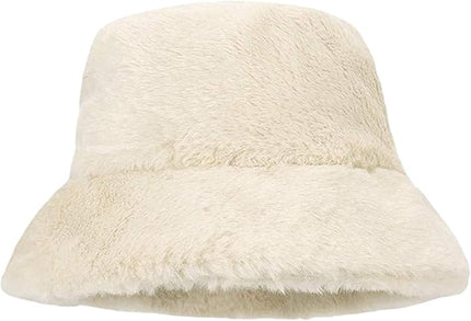 Women Plush Fluffy Bucket Hat Warm Lining Winter Faux Fur Cozy Wide Brim Winter