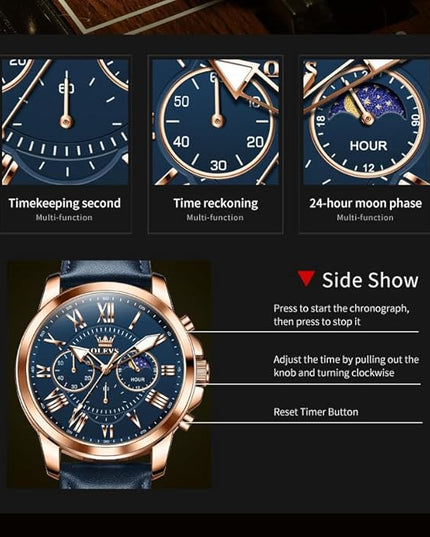 OLEVS Men's Watches Leather Strap Analog Quartz Watch, Fashion Big Dial Date Waterproof Watch, Dress Luxury Luminous Men Watches