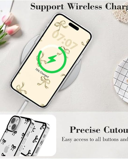 Designed for iPhone Case,Clear Cute Ribbon Bowknot Pattern Aesthetic Transparent Phone Case Raised Camera Protection Stylish Slim Soft Phone Case (Black,iPhone 14 Pro Max)