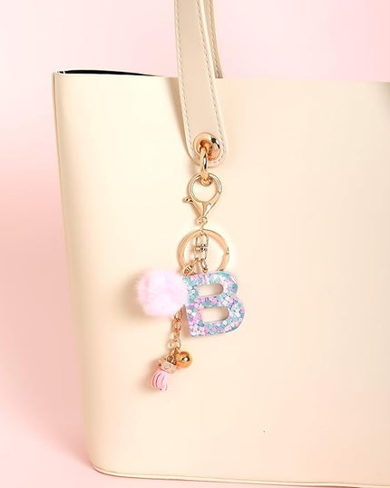 Resin Alphabet Initial Letter Keychain Keyring for Women Purse Handbags With Fur Ball Pom
