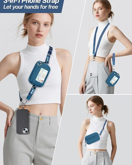 Clip and Go Strap for Phone with Wallet Crossbody Phone Lanyard Adjustable and Detachable RFID Wristlet Wallet with ID Window and Zipper, Blue