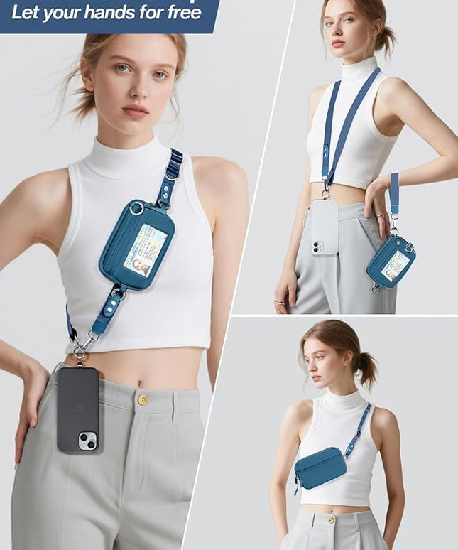 Clip and Go Strap for Phone with Wallet Crossbody Phone Lanyard Adjustable and Detachable RFID Wristlet Wallet with ID Window and Zipper, Blue