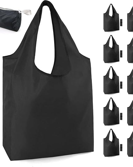 BeeGreen 10 Pack Black Reusable Grocery Bags with Storage Pouch Reusable Shopping Bags Bulk with Elastic Band 50LBS X-Large-Foldable-Washable-Heavy Duty-Waterproof Grocery Tote Bags