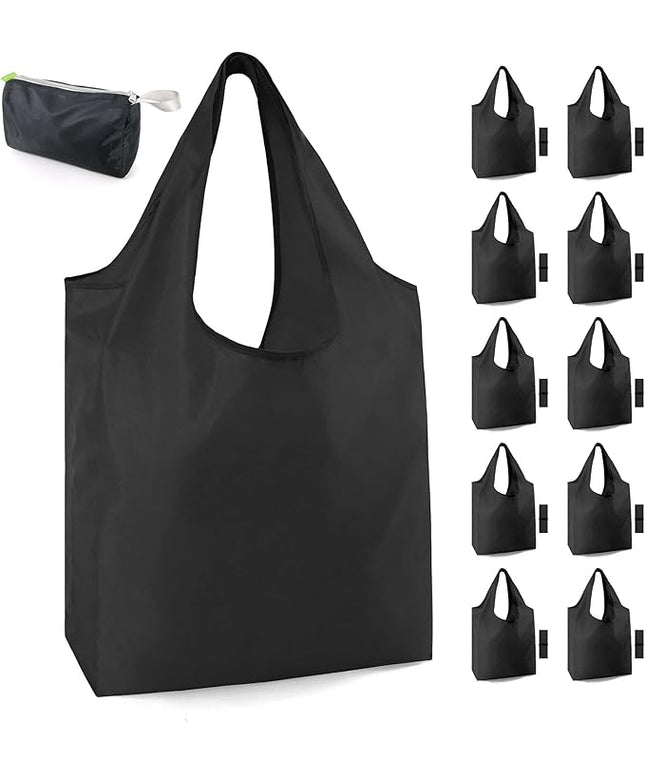 BeeGreen 10 Pack Black Reusable Grocery Bags with Storage Pouch Reusable Shopping Bags Bulk with Elastic Band 50LBS X-Large-Foldable-Washable-Heavy Duty-Waterproof Grocery Tote Bags