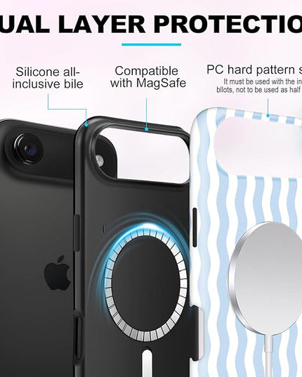 Magnetic for iPhone 17 Air Case Cute Wavy Stripes Phone Case, Shockproof Slim TPU and Hard PC Protective Phone Cover Compatible with MagSafe Designed for Women Girls, Blue