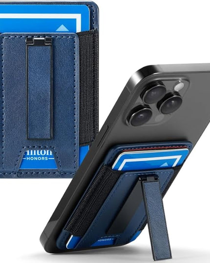 BIAJIYA Phone Wallet Sticky Back with Stand - Holds 6 Cards for iPhone & Samsung, Ultra Thin Leather & Stretch Fabric Card Holder (DeepBlue)