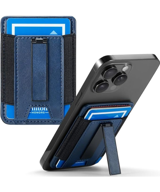BIAJIYA Phone Wallet Sticky Back with Stand - Holds 6 Cards for iPhone & Samsung, Ultra Thin Leather & Stretch Fabric Card Holder (DeepBlue)