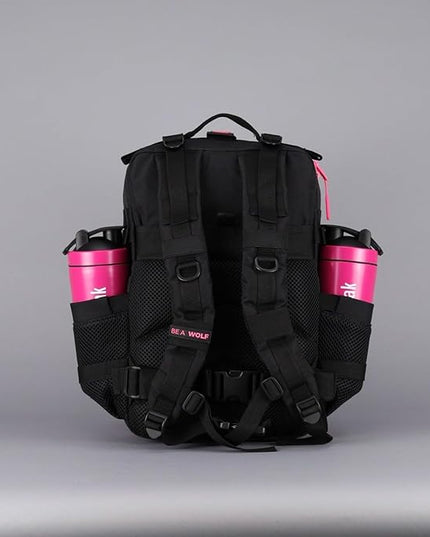 WOLFpak 35L Athletic Gym Backpack - Durable 1000D Waterproof Oxford Material with MOLLE Webbing, Laptop Pocket & Dual Cup Holders, Durable Fitness/Travel/Military Daypack (Black Neon Pink)