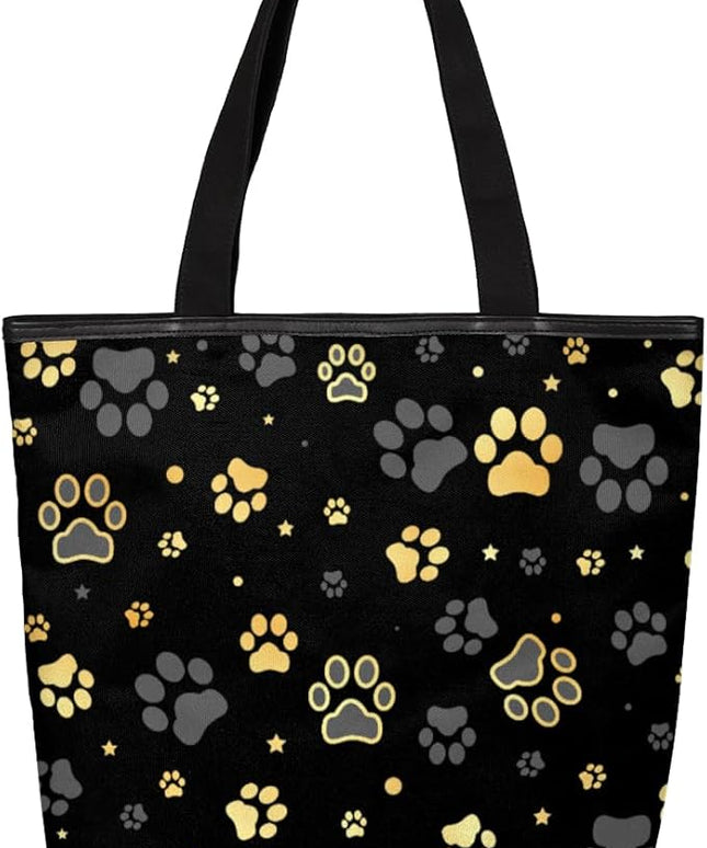 Pardick Black Paw Printed Canvas Tote Bag, Eco Friendly Cute Reusable Grocery Shopping Bags Beach Bag Book Tote Handbags Washable Shoulder Bags With Zipper Inner Pocket for Women Girls