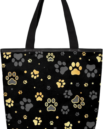 Pardick Black Paw Printed Canvas Tote Bag, Eco Friendly Cute Reusable Grocery Shopping Bags Beach Bag Book Tote Handbags Washable Shoulder Bags With Zipper Inner Pocket for Women Girls