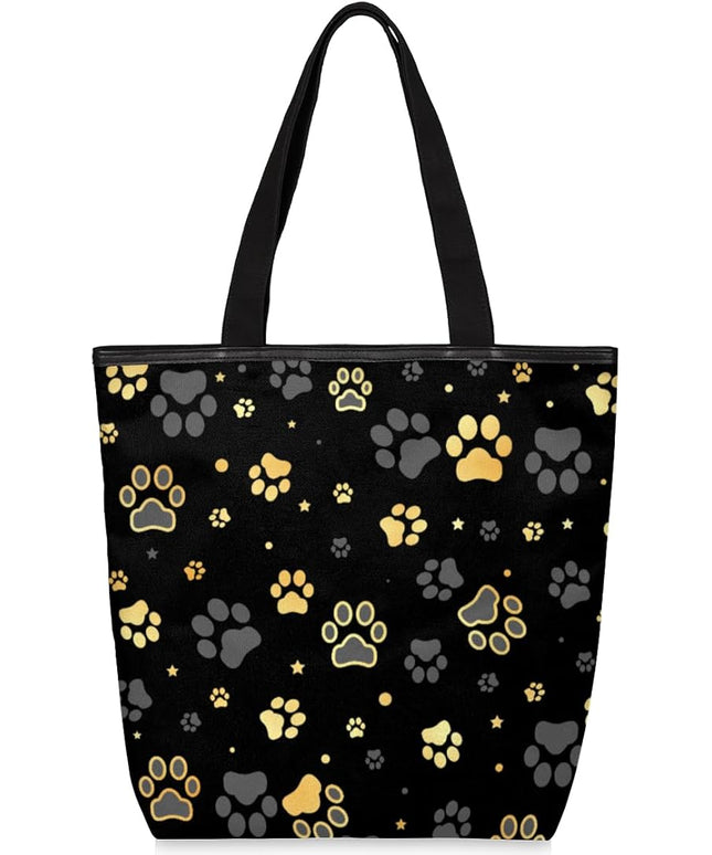 Pardick Black Paw Printed Canvas Tote Bag, Eco Friendly Cute Reusable Grocery Shopping Bags Beach Bag Book Tote Handbags Washable Shoulder Bags With Zipper Inner Pocket for Women Girls