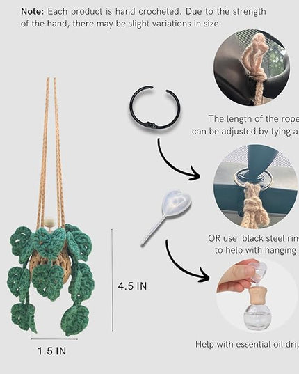 Cute Crochet Car Plant Monstera Essential Oil Diffuser Bottle - 12ml Refillable, Green Car Accessory for Mirror Decor and Home Decor