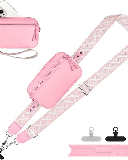 Clip and Go Strap for Phone with Wallet Crossbody, Adjustable Phone Lanyard with Detachable RFID Wristlet Wallet, Pattern Strap - Pink(L)