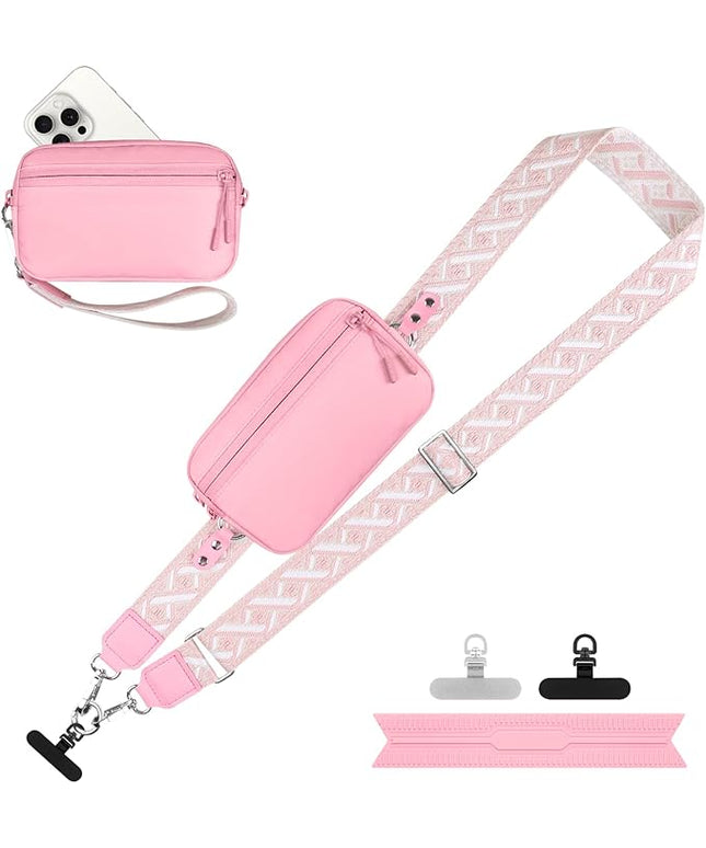 Clip and Go Strap for Phone with Wallet Crossbody, Adjustable Phone Lanyard with Detachable RFID Wristlet Wallet, Pattern Strap - Pink(L)