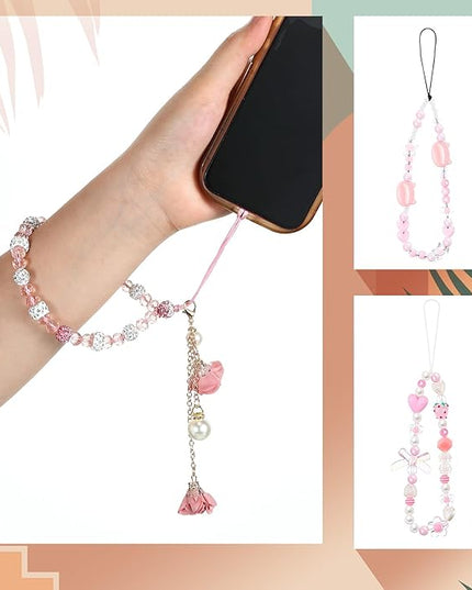 Ecally 3 Pcs Phone Charms Strap Camera Charm Strap Pearl Beaded Butterfly Bow Flower Cute Phone Wrist Lanyard Bracelet for Camera Keychain Wallet Decor Christmas New Year Gifts