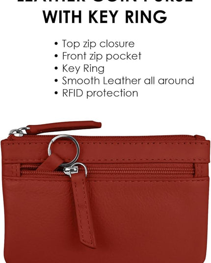 ili New York Mini Leather Coin Purse, Compact Design with Key Ring and RFID Protection for Women and Men in Vibrant Colors, Red