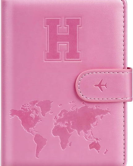 Passport Holder Cover Initail Letter A-Z Travel Wallet Embossed Design RFID Blocking Card Holder Personalized Gift Passport Cover Wallet, Passport Book Holders for Women and Girls, Pink-H