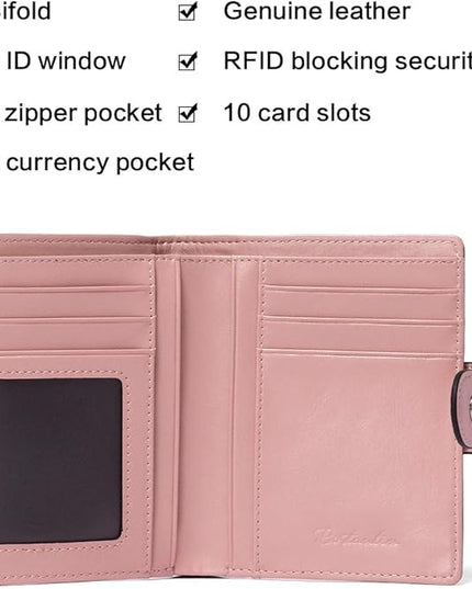 BOSTANTEN Women Leather Wallet RFID Blocking Small Bifold Zipper Pocket Wallet Card Case Purse with ID Window