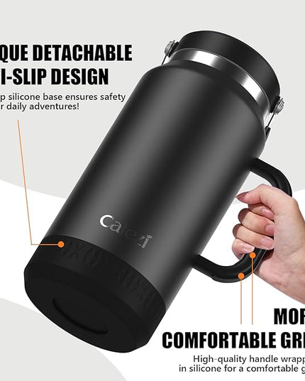 64oz Stainless Steel Water Bottle with Flip Straw - Leak-Proof, Sweat-Free, Top and Side Handle, Anti-Slip Base, Iced for 34 Hours, Dishwasher Safe - Water Jug for Sports Events, Beach Days