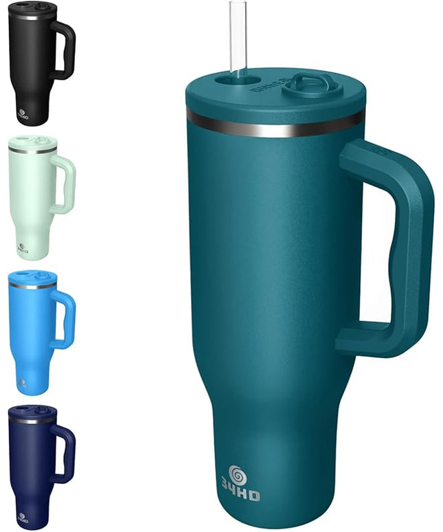 34HD 40 oz Stainless Steel Tumbler - Leakproof Insulated Water Bottle with Handle, Magnetic Lid and Flexible Straw - Iced for 48 Hours – Perfect for Men, Women, Birthday Gift, Green - Teal Mirage