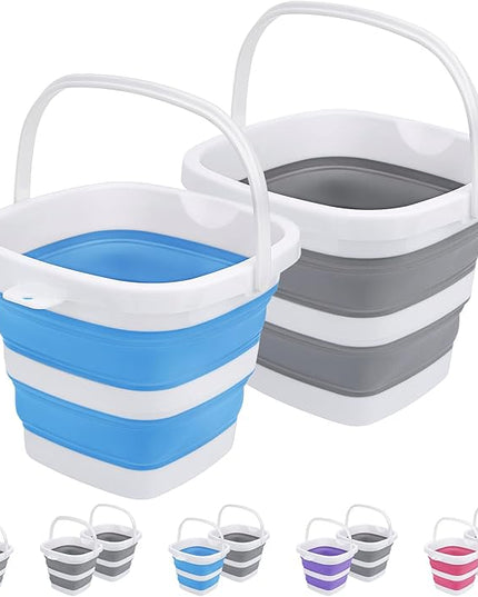 2 Pack Collapsible Buckets 5L 1.3Gallon Small Cleaning Bucket for Household Portable Plastic Bucket Outdoor Car Washing Tub Foldable Camping Beach Sand Water Pot Pail Space Saving Square Grey and Blue