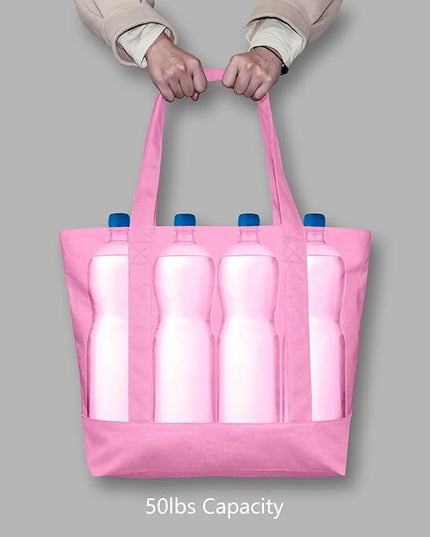 TOPDesign 3-Pack Canvas Tote Bags with an External Pocket, Reusable Grocery Shopping Bags, Top Zipper Closure, Daily Essentials (Pink)