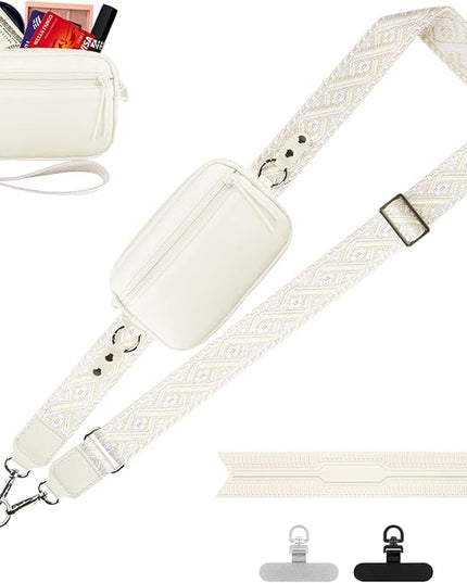 Clip and Go Strap for Phone with Wallet Crossbody, Adjustable Phone Lanyard with Detachable RFID Wristlet Wallet, Pattern Strap, Cream (M)