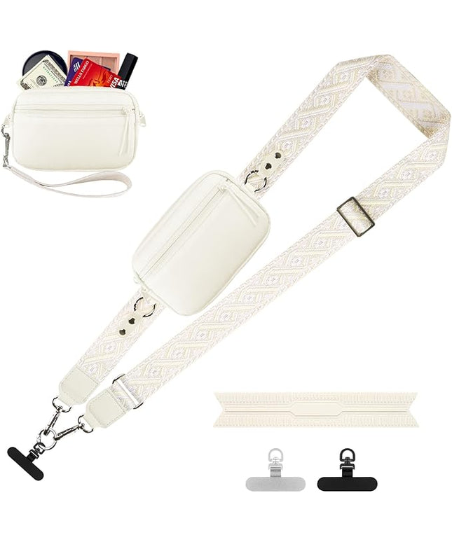 Clip and Go Strap for Phone with Wallet Crossbody, Adjustable Phone Lanyard with Detachable RFID Wristlet Wallet, Pattern Strap, Cream (M)