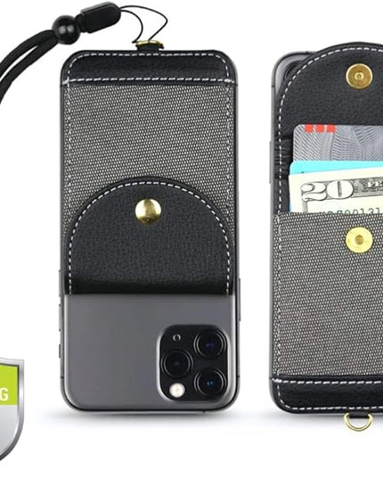 Cell Phone Wallet for Back of Phone with Wrist Strap, Stick On Wallet Credit Card ID Holder with RFID Protection Compatible with iPhone, Galaxy & Most Smartphones and Cases