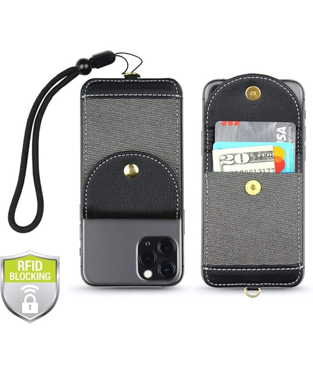 Cell Phone Wallet for Back of Phone with Wrist Strap, Stick On Wallet Credit Card ID Holder with RFID Protection Compatible with iPhone, Galaxy & Most Smartphones and Cases