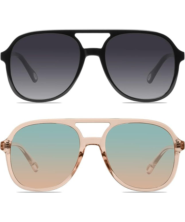 YDAOWKN Retro Square Aviator Sunglasses for Womens Mens Vintage 70s Double Bridge Sun Glasses