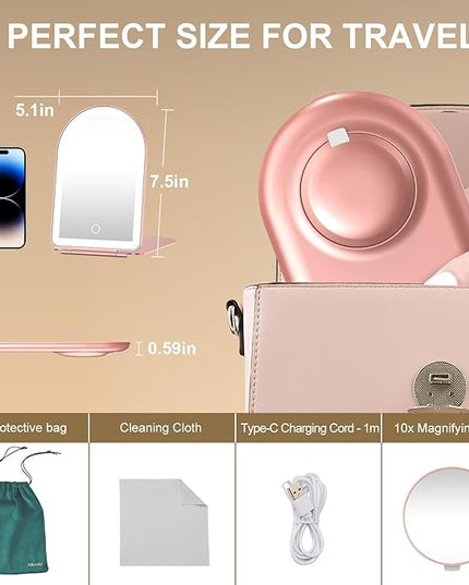 Mocado Travel Makeup Mirror with Light, 1x/10x Magnifying Mirror with Light, 3 Colors Lighted Magnifying Mirror, 2000mAh Rechargeable Lighted Makeup Mirror, Memory Function (Arched-Rose Gold)