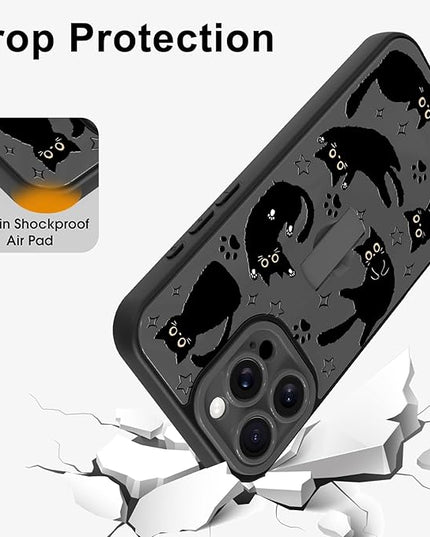 Cute Case for iPhone 16 Pro Max Case with Finger Loop Stand, Kawaii Black Cats Pattern Design for Women Girls Boys, Full Camera Protection Protective Phone Cover with Hand Strap Kickstand