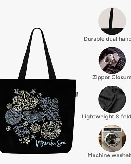 Ecoright Aesthetic Canvas Tote Bag for Women Large Zipper Tote Bags with Pocket, Womens Tote Bag for Yoga, Work, Beach