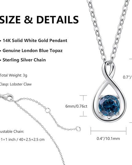 FANCIME 14K Solid Gold Birthstone Pendant with Sterling Silver Chain Infinity Gemstone Necklace Fine Jewelry Anniversary Birthday Christmas Gifts for Women Wife Her