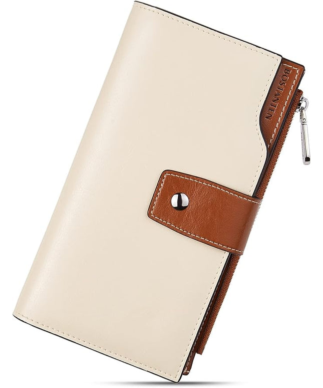 BOSTANTEN Womens Wallet Genuine Leather Wallets Large Capacity Cash Cluth Purses with Zipper Pocket Beige-Brown