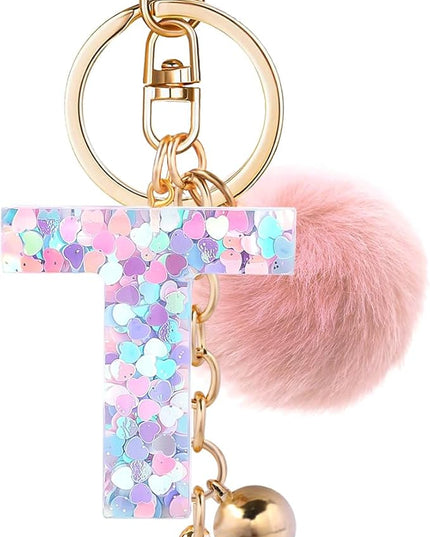 Resin Alphabet Initial Letter Keychain Keyring for Women Purse Handbags With Fur Ball Pom