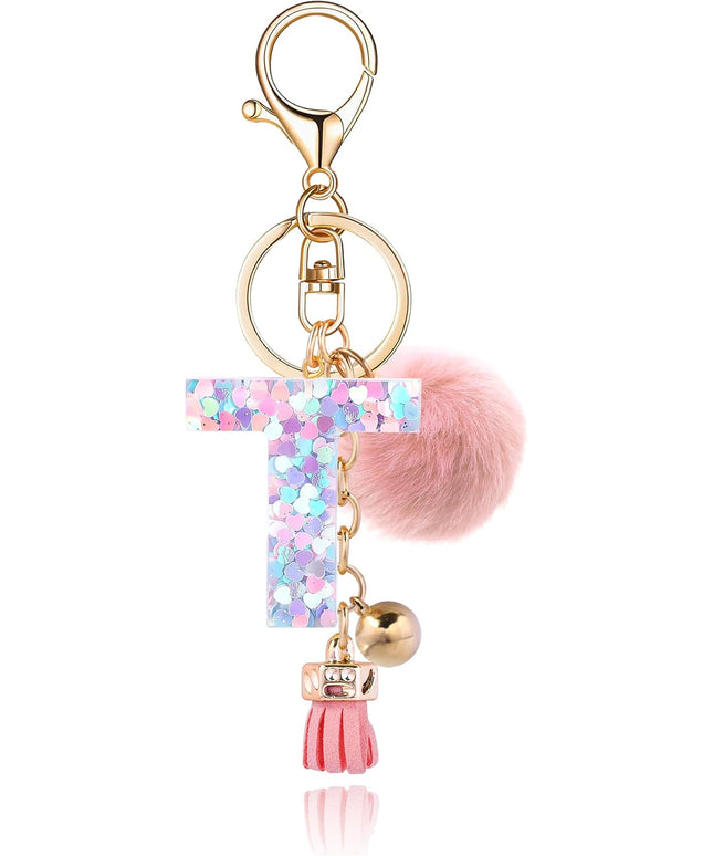 Resin Alphabet Initial Letter Keychain Keyring for Women Purse Handbags With Fur Ball Pom