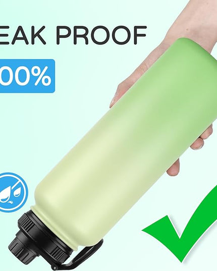 DOMICARE 40 oz Insulated Water Bottle, Vacuum Insulated Stainless Steel Sports Water Bottle with Straw Lid & Spout Lid, Leakproof, Reusable - Travel, Camping, Bike, Green Gradient