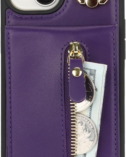 for iPhone 15 Wallet Case with Card Holder, for iPhone 15 Case Wallet with Strap Credit Card Slot, Crossbody Bag with Zipper Case for iPhone15 - Purple