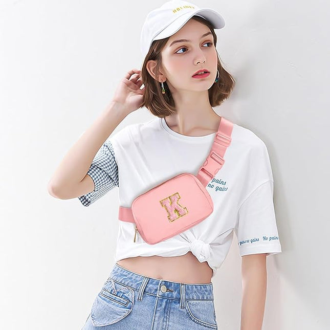 Gitus Belt Bag Fanny Pack Crossbody Bags with Initial Letter Patch Cute Stuff Birthday Gifts for Teenager Girls Trendy Preppy Stuff for Teen Girls Cool Stuff for Teens (Light Pink-K)