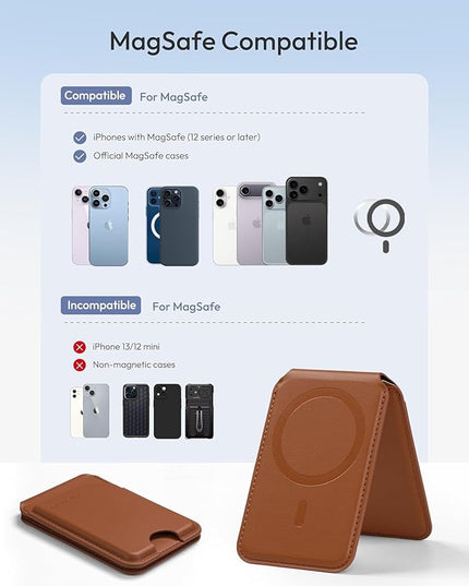 Magnetic Wallet for iPhone, Compatible with MagSafe Adjustable Stand Wallet, RIFD Blocking Leather Magnetic Card Holder for iPhone 17/16/15/14/13/12 Series, Not for iPhone 13/12 Mini(Brown)