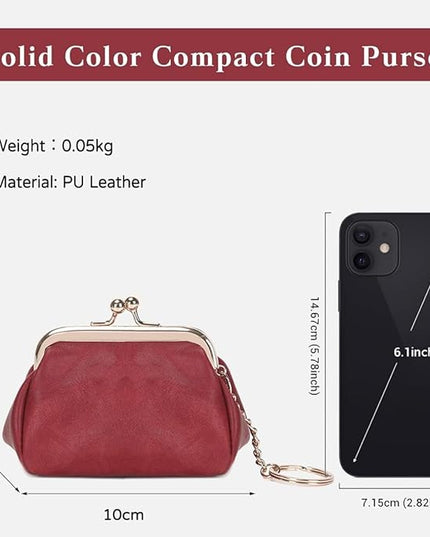 Genuine Leather Wallet Retro Kiss Lock Change Pouch Portable Coin Purse Key Case for Women Gift Box Black (Red)